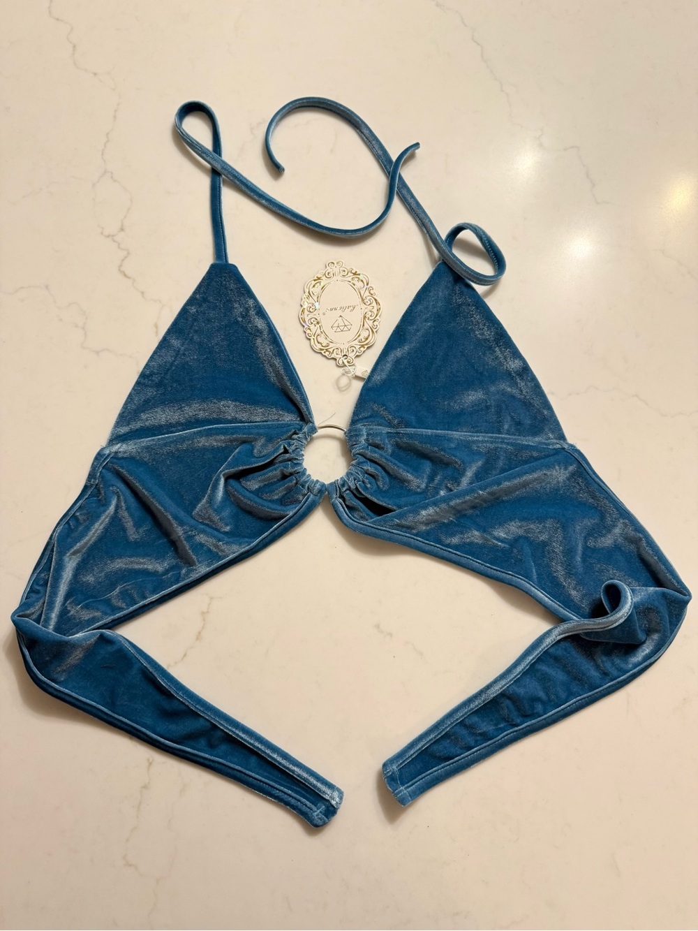 Velvet Ring-Front Blue Crop Halter Top